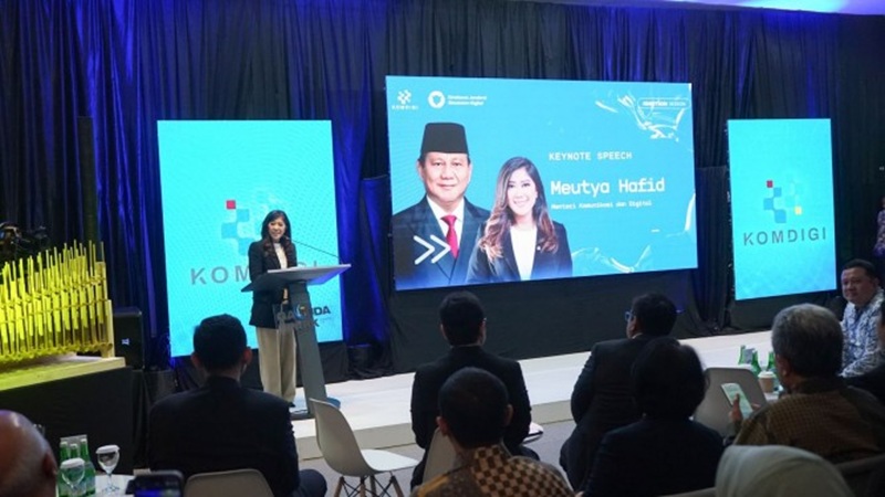Menkomdigi Meutya Hafid memberikan sambutan dalam peluncuran Garuda Spark Innovation Hub di BLOCK71, Bandung, Sabtu (27/09/2025). (Foto: Ardi Widiyansah/Komdigi)