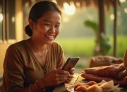 Seorang wanita di desa tersenyum sambil memanfaatkan ponselnya untuk memasarkan produk lokal, menggambarkan adaptasi masyarakat desa dalam era digital.