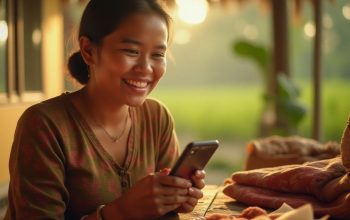 Seorang wanita di desa tersenyum sambil memanfaatkan ponselnya untuk memasarkan produk lokal, menggambarkan adaptasi masyarakat desa dalam era digital.