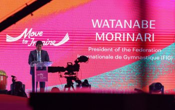 Presiden Federasi Gimnastik Dunia (FIG), Morinari Watanabe, menyebut penyelenggaraan di Jakarta sebagai momentum bersejarah. (Foto Humas Kemenpora)