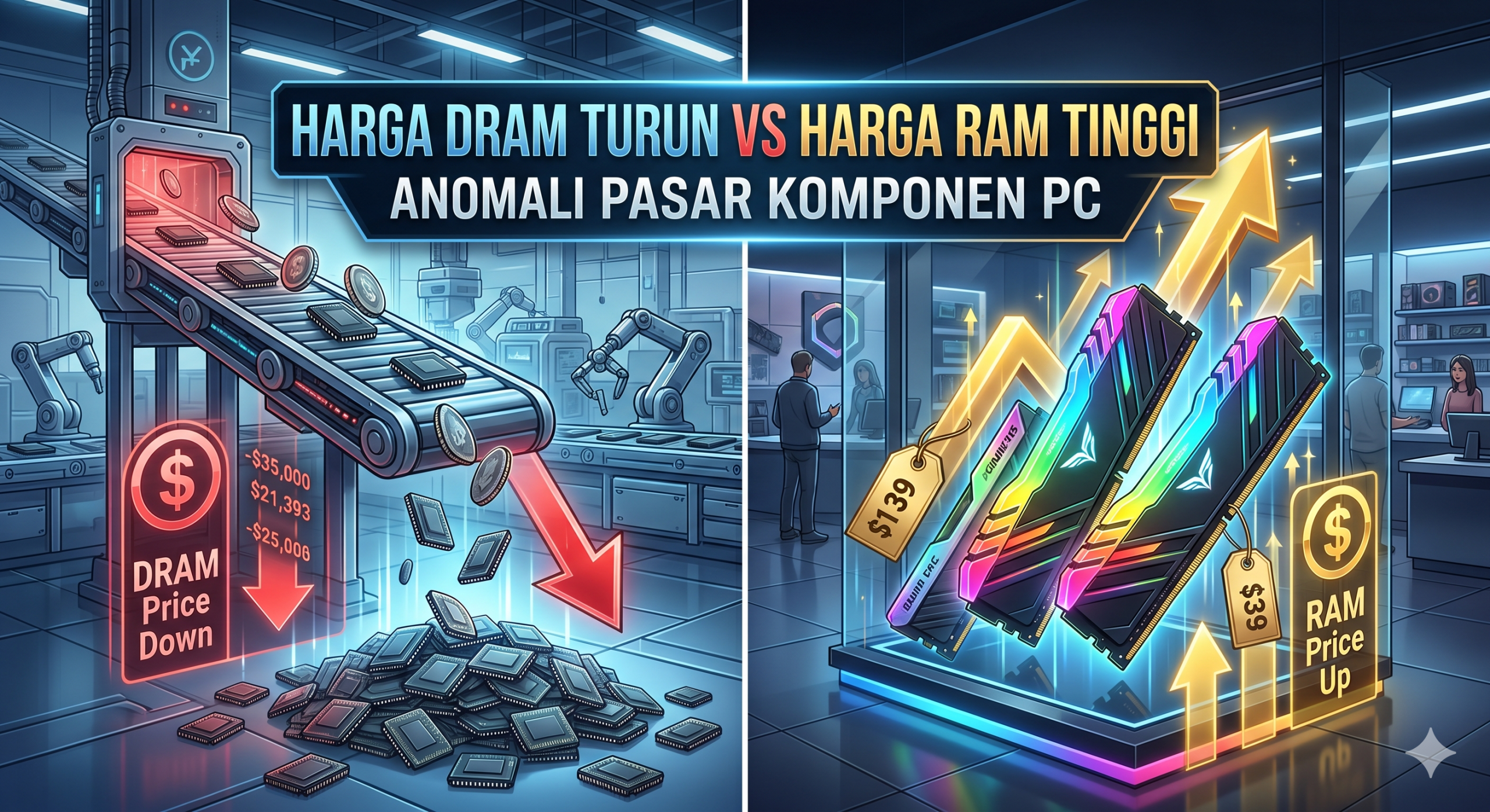 Ilustrasi perbandingan anomali pasar: harga DRAM turun di tingkat pabrik cip, sementara harga eceran keping RAM PC tetap tinggi di toko komputer.
