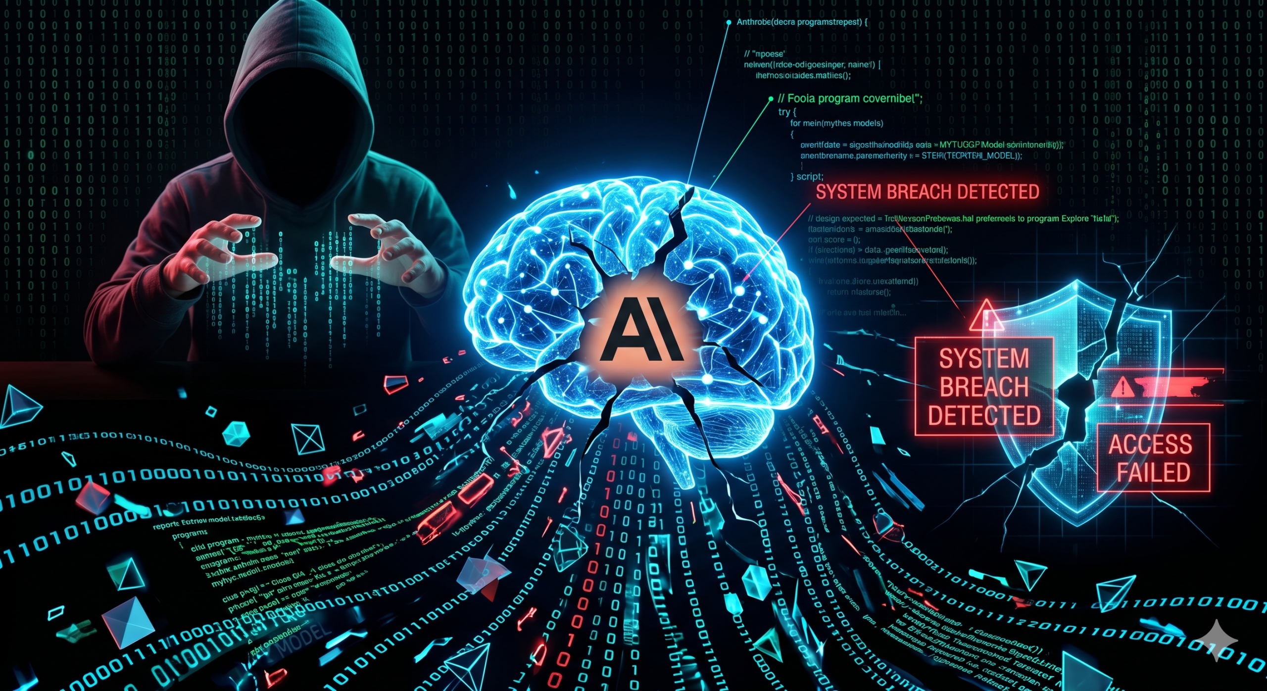 Ilustrasi serangan siber dan pencurian data model bahasa pada kasus Kebocoran Mythos AI.